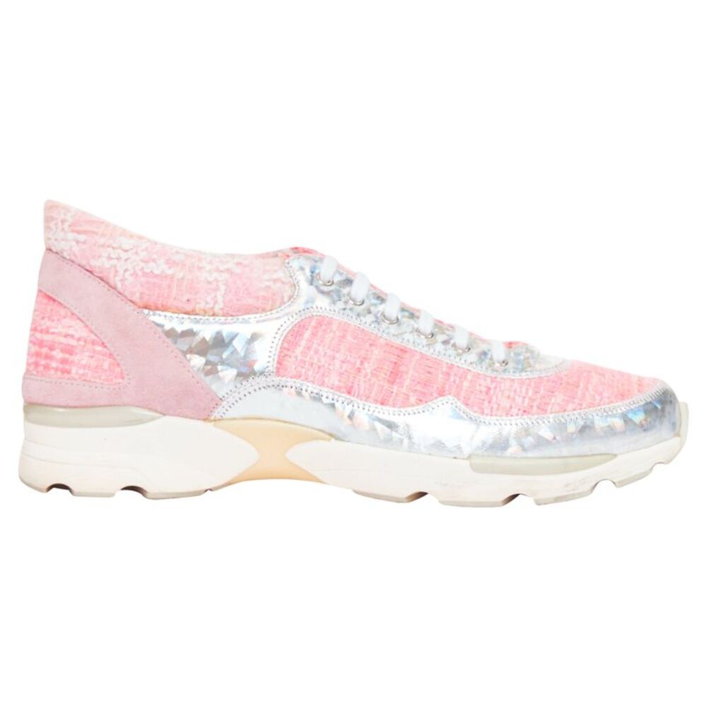 CHANEL 2014 pink tweed silver holographic silver leather sneakers EU38.5